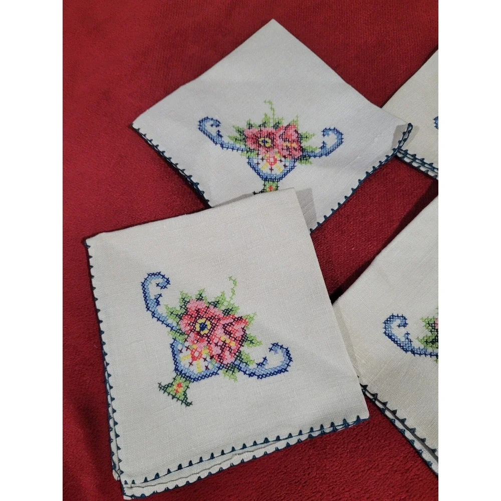 Vintage Cross Stitch Linen Napkins 4 Hemstitched 10 X 10 Sq Tea Coffee Luncheon